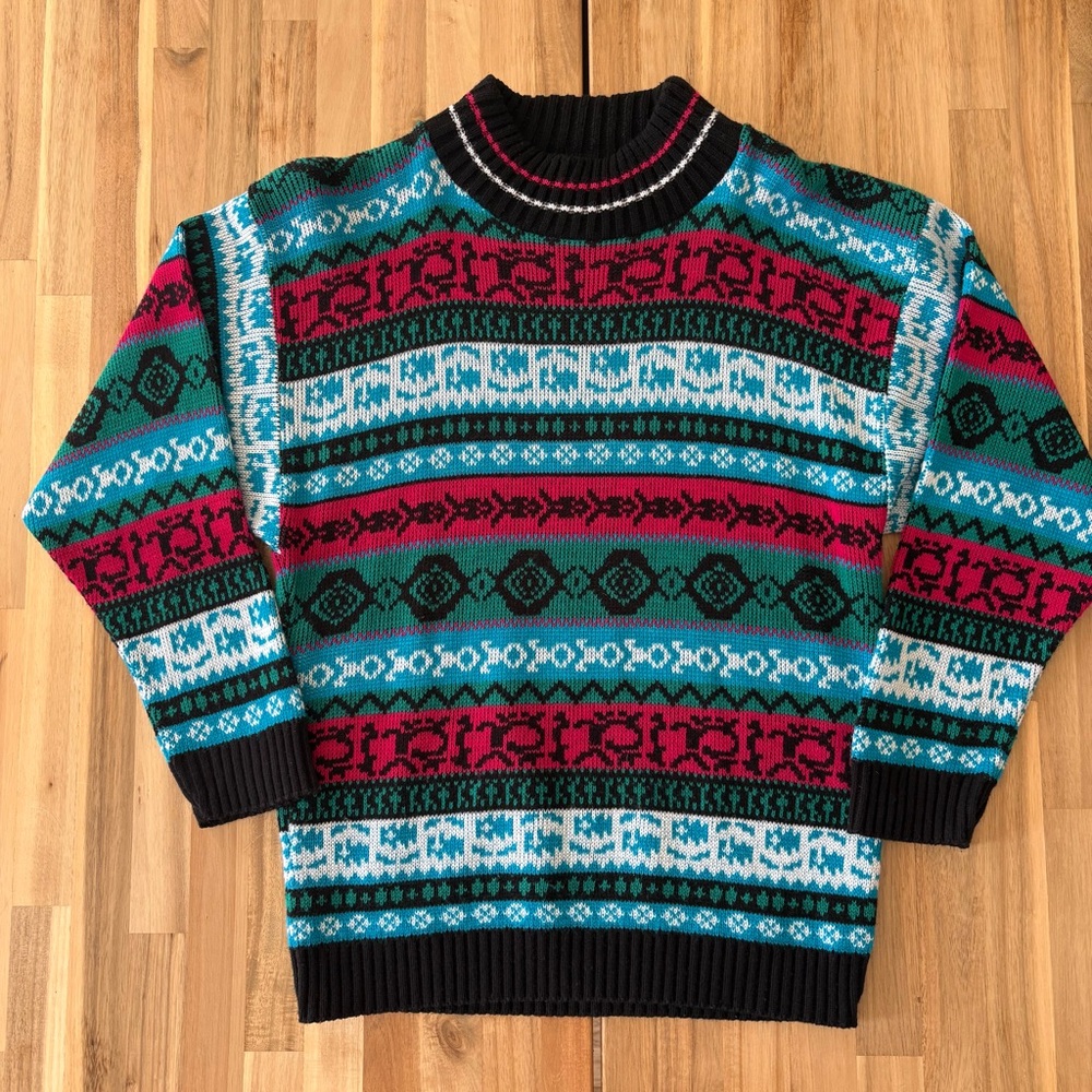 Vintage Grandpa Sweater Vibrant Multicolor Patterned Crewneck - Pink, Teal, Blue